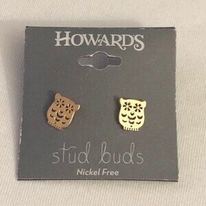 Howards Owl Stud Buds Pierced Earrings Gold Tone NOC